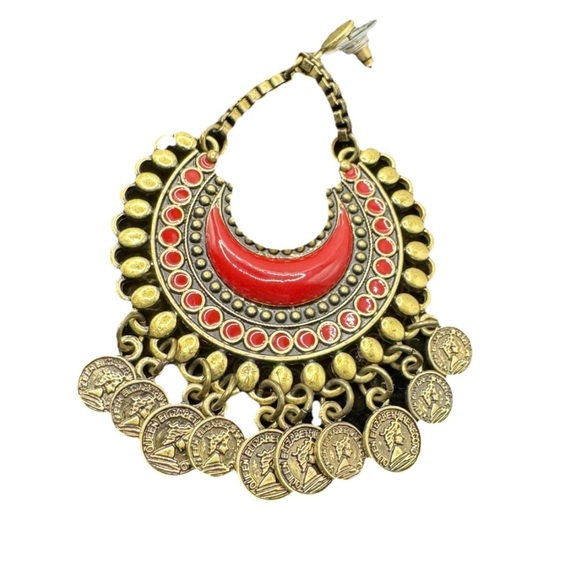 Large Bollywood Style Boho Earrings. Gold Tone - Red Stone & Roman Coin Dangles - Picture 4 of 5